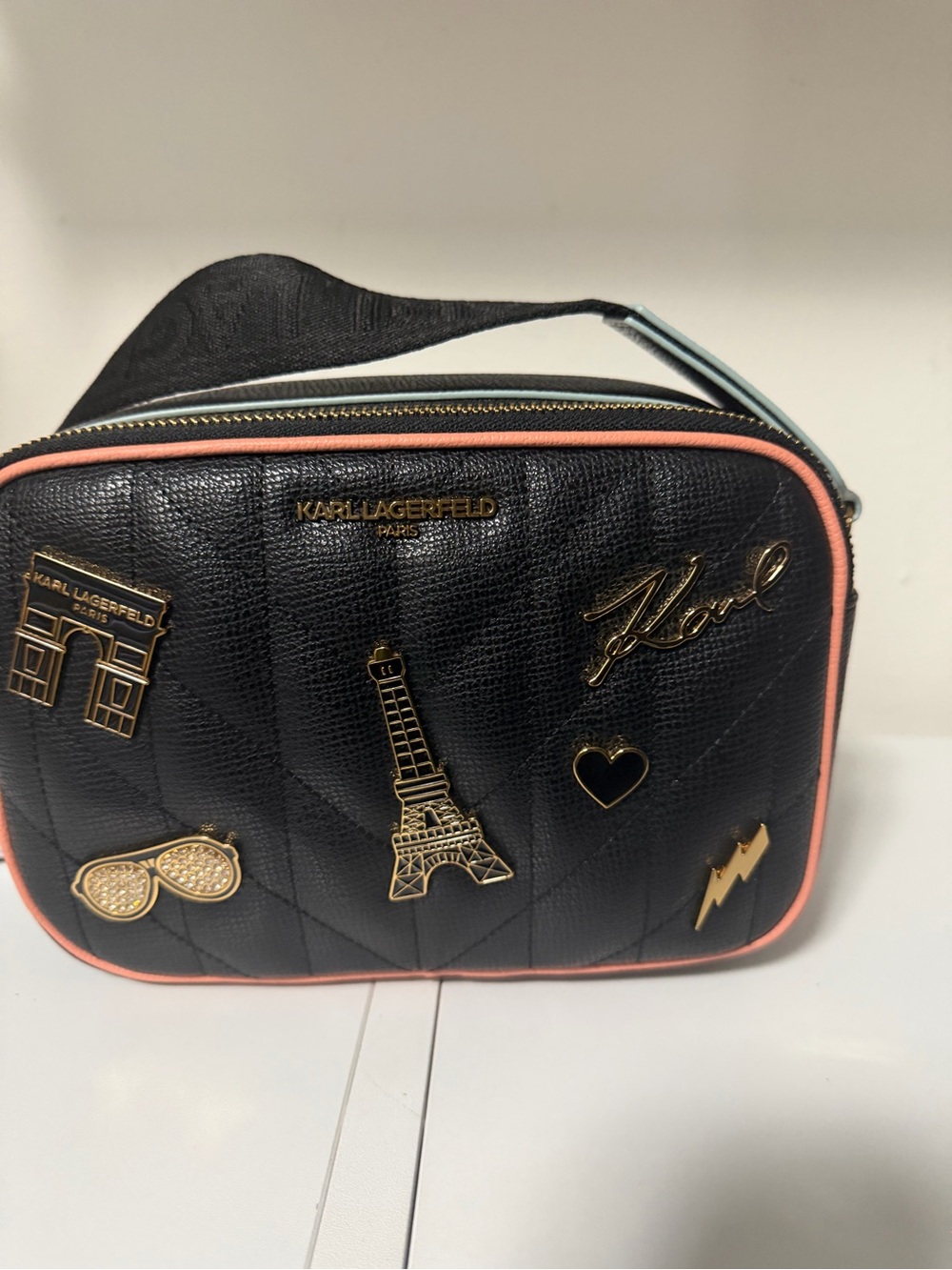 Karl Lagerfeld Black Quilted Crossbody with Pink Trim and Gold Accents